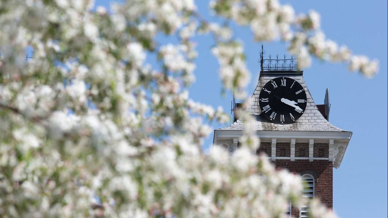 Clock tower on PennWest California's campus. 