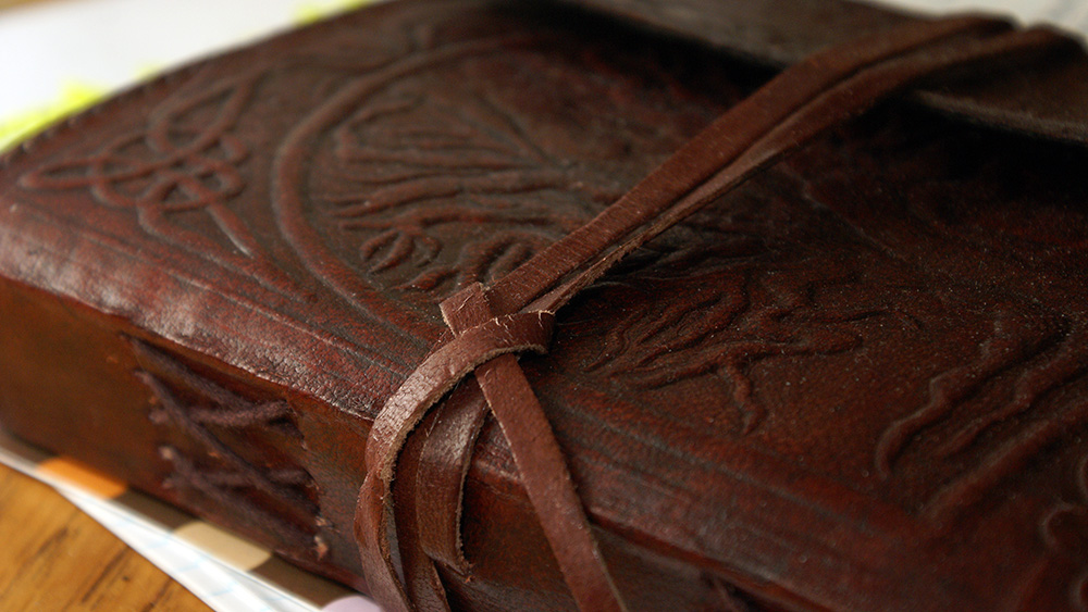 Close-up of the binding of a book.