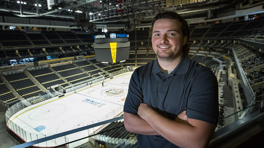 PennWest California senior, Dominick DelGreco, in PPG Paints area interning for the Pittsburgh Penguins.